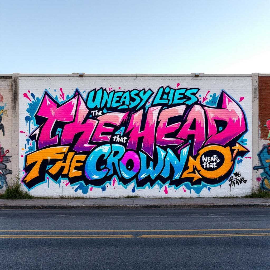 wildstyle art: “Uneasy lies the head that wears the crown.” written in bold graffiti spray paint style, street-art look, soft paint drips, vibrant but clean colors, sharp edges, no background textures, solid white background, high contrast, urban spray-can effect.. Discover the artistic vision behind "“Uneasy lies the head that wears the crown.” written in bold graffiti spray paint style, street-art look, soft paint drips, vibrant but clean colors, sharp edges, no background textures, solid white background, high contrast, urban spray-can effect." in this wildstyle masterpiece.