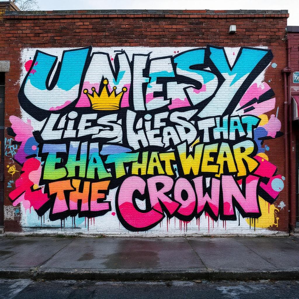 classic graffiti: “Uneasy lies the head that wears the crown.” written in bold graffiti spray paint style, street-art look, soft paint drips, vibrant but clean colors, sharp edges, no background textures, solid white background, high contrast, urban spray-can effect.
