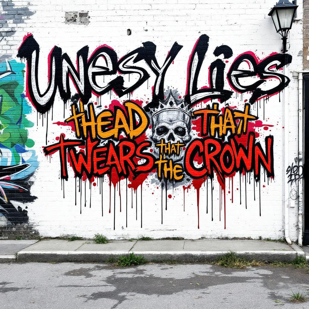 stencil graffiti: “Uneasy lies the head that wears the crown.” written in bold graffiti spray paint style, street-art look, soft paint drips, vibrant but clean colors, sharp edges, no background textures, solid white background, high contrast, urban spray-can effect.